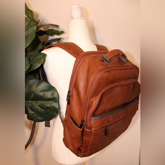 Bugatti Valentino Brown Cognac Vegan Leather Laptop Travel Backpack - Picture 4 of 15